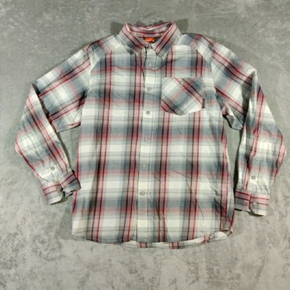 Merrell Shirt Mens Medium Red Gray Plaid Long Sleeve Button Front Cotton Outdoor